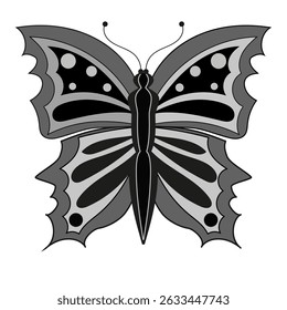 Vector Abstract Monochrome Stylized Butterfly Design. Stylized black and gray butterfly illustration with symmetrical wings, bold patterns, and decorative shapes