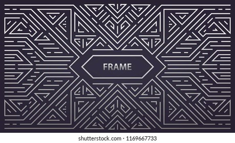 Vector abstract monogram geometric frame, vintage horizontal orientation linear silver background. Art deco