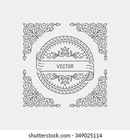 Vector abstract monogram template in trendy linear style with copy space for text - floral frame and badge