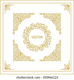 Vector abstract monogram template in trendy linear style with copy space for text - floral frame and badge with wreath in golden color on white background