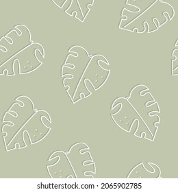 Vector Abstract Monstera Leaves Lineart on Pastel Green seamless pattern background. Perfect for fabric, scrapbooking and wallpaper projects.