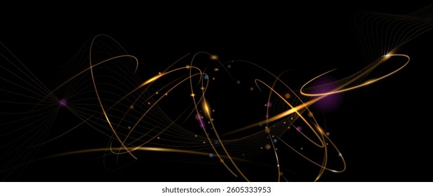 Vector abstract motion of curve lines, light shiny, glow effect. Illustration design. Bright gold wave, wavy line pattern. Element graphic design for technology banner template, wallpaper background