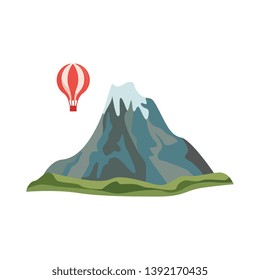 Vector abstract mountain rock with hot air balloon around icon. Natural terrain element for graphic design. Landscape decoration object, symbol of climbing, extreme sports and adventure illustration