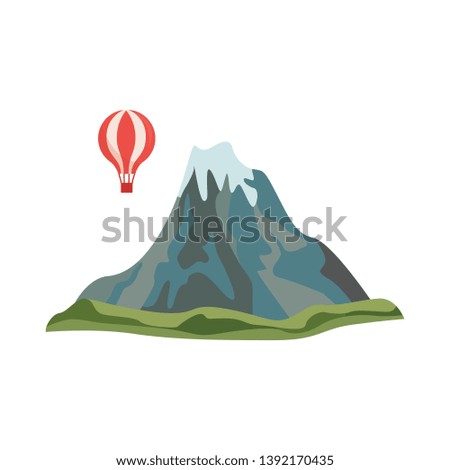 Vector abstract mountain rock with hot air balloon around icon. Natural terrain element for graphic design. Landscape decoration object, symbol of climbing, extreme sports and adventure illustration
