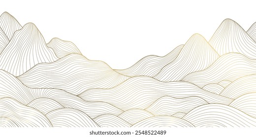 Vector abstract mountain, sea line gold japanese background. Desert landscape, rocks oriental illustration, hills.