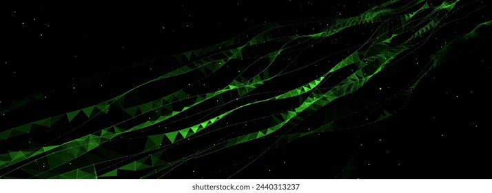 Vector abstract moving DNA wave with green dots and lines. Concept network connection system data. Music sound background. Genetic biotechnology and artificial intelligence.