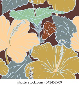 Vector abstract multicolored floral background. Multicolor flower pattern. Floral pattern with hibiscus, leaves and buds on a brown background.