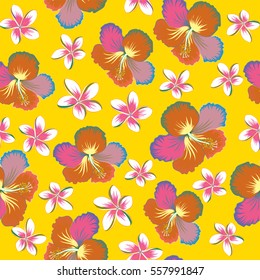 Vector abstract multicolored floral background. Multicolor seamless flower pattern. Seamless floral pattern with hibiscus, leaves and buds on a yellow background.