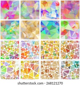 Vector abstract multicolored polygonal mosaic backgrounds collection. Modern geometric triangular patterns. Business design templates.  Set of 16 items.