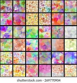 Vector abstract multicolored polygonal mosaic backgrounds collection. Modern geometric triangular patterns. Holographic design templates.  Set of 36 items.
