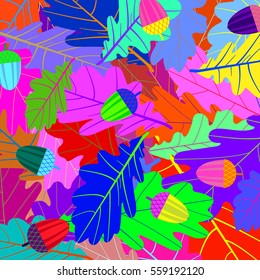 vector abstract multicolored psychedelic background with oak leaves and acorns.