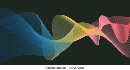 Vector abstract multicolorful flowing wave lines isolated on black background. Color gradient minimalistic backdrop. Design element, modern concept. Curved wavy line. Simple elegant template design