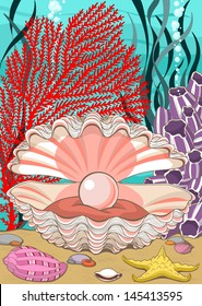 Vector abstract natural background with opened seashell with pearl at the sea bottom.