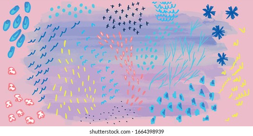 
Vector abstract nature background with doodles, flowers, leaves, crosses, dots and scribbles. Romantic  pattern , freehand drawn  with felt-tip pens and watercolors for invitations, poster, postcard 