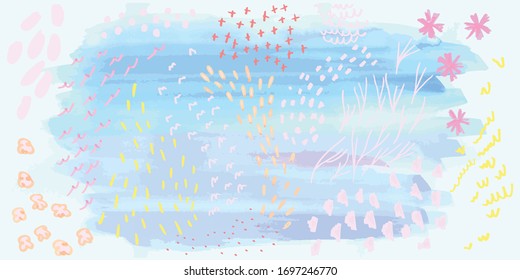 Vector abstract nature background with doodles, flowers, leaves, crosses, dots, scribbles. Romantic pattern, hand drawn with felt-tip pens and watercolor for invitation,postcard or web header.