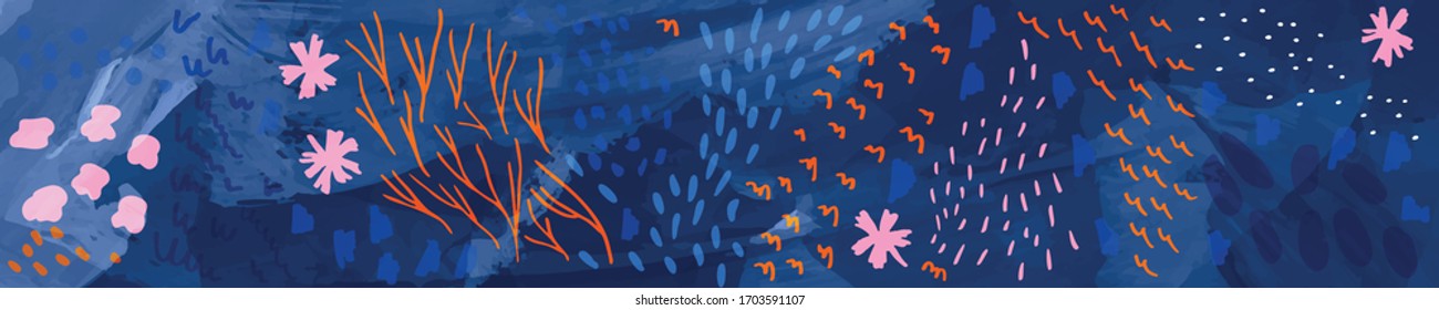 Vector abstract nature background with doodles, flowers, leaves, crosses, dots and scribbles. Romantic pattern, hand drawn with markers for invitations, poster, design postcard or web page header.