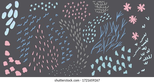 Fondo natural abstracto vectorial con doodles, flores, hojas, cruces, puntos y garabatos. Patrón romántico, dibujado a mano con plumas de punta de fieltro y acuarela.