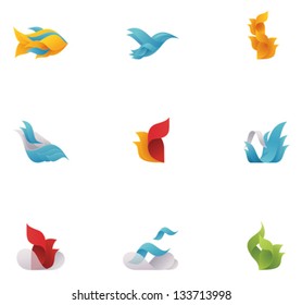 Vector abstract nature elements. Icon set includes fish, bird, fire, sea waves, sky, clouds and plants symbols