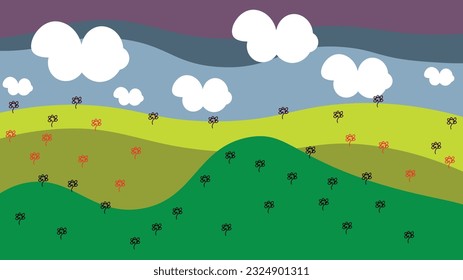 Vector abstract nature illustration. Color nature illustration. Grassy hills in colorful shades. More colorful sky, clouds. Flowers in the meadow. Grass, hills, nature, landscape