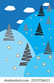 Vector abstract nature illustration. Nature in different shades of blue. Stylized coniferous trees. Hills, storm surge, abstract, blue. Decorative, poster, art, print.