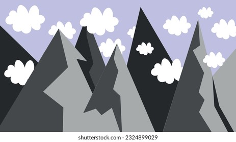 Abstrakte Vektorgrafik zur Natur. Hohe Berge mit spitzer Spitze. Berge, die zum Himmel reichen. Schatten auf halbem Weg den Berg hinauf. Weiße Wolken. Abstrakt, Dekoration, Natur, Berge.