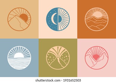 Vector abstract nature landscapes. Hand drawn mountains, sun, moon, sea, ocean, fields, walleys. Icons, logos design. Branding style identity. Earth landscapes, sunset, sunrise.