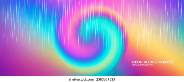 Vector abstract neon blurry swirling vortex. Wide energetic futuristic radiant turbid background. Bright funnel iridescent wallpaper. Fluorescent swirl laser flyer