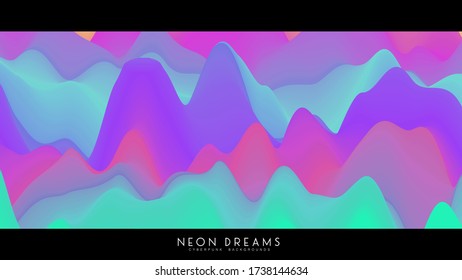 Vector abstract Neon Dreams background. Trendy cyberpunk holographic fluid colorful waves backdrop. Iridescent pastel liquid texture for creative cover, poster, card, designs.