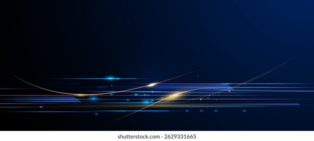 Vector abstract neon light, pattern line and space. Purple, blue, green, gold with gradient color background. Illustration graphic design for banner, background. Energy digital technology concept
