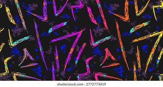 Vector abstract neon seamless pattern. Urban street art background with colorful grunge shapes, spots, brush strokes, lines. Funky sport style texture. Trendy  design for kids, teens, boys, girls