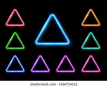 Vector abstract neon triangle set. Light effect background. Glowing decorative led lamp luminous geometric shape. Technology halogen line signs. Gleaming illuminating decorative vector illustration.
