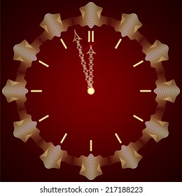 Vector abstract New Year golden clock on dark red background several minutes from midnight
