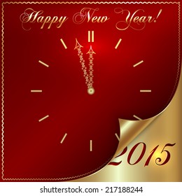 Vector abstract New Year golden clock on dark red background several minutes from midnight