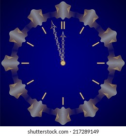 Vector abstract New Year golden clock on dark blue background several minutes from midnight
