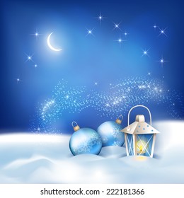 Abstrakter Nachthintergrund mit Schneeflocken, Nachthimmel, Mond, Laterne, Baubles auf dunkelblauem Hintergrund. Fallende Schneefälle Winterlandschaft