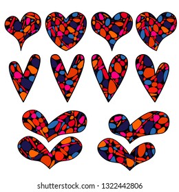 Vector abstract objects in the shape of heart in zen doodle style. Colored  hand drawn illustration on white background. For valentine and wedding cards, invitations, web and interior design.