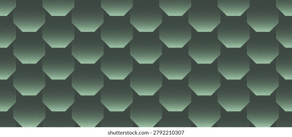 Vector abstract octagons grid wide panoramic background with sage green hues, halftone dots and grain texture. Futuristic octagonal structure for military defense technology and sci-fi force materials