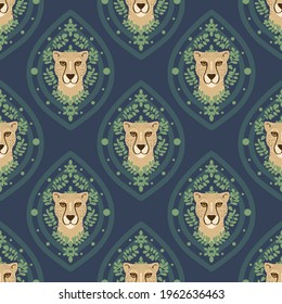 Vector Abstract Ogee Cheetah with Leaves on Navy Blue seamless pattern background. Perfect for fabric, scrapbooking and wallpaper projects.
