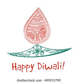 Vector abstract oil lit lamp with henna patterns. Illustration for indian festival of lights, Happy Diwali celebration. Stock design on white background.