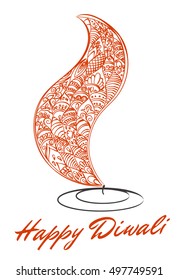 Vector abstract oil lit lamp with henna patterns. Illustration for indian festival of lights, Happy Diwali celebration. Stock design on white background.