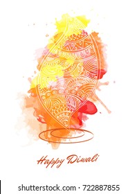 Vector abstract oil lit lamp with henna patterns. Illustration for indian festival of lights, Happy Diwali celebration. Stock design on white background.