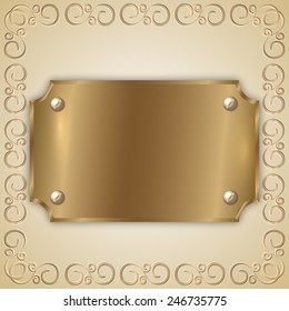 Vector abstract old gold award plate with curved corners, screws, ornament and place for text