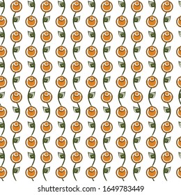 Vector Abstract Orange Flowers with Green Leaves on White Background Seamless Repeat Pattern. Background for textiles, cards, manufacturing, wallpapers, print, gift wrap and scrapbooking.