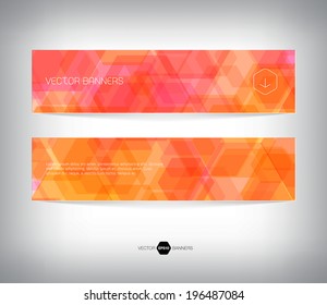 Vector abstract orange horizontal banners with geometric hexagonal background