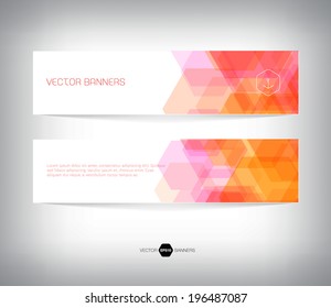 Vector abstract orange horizontal banners with geometric hexagonal background