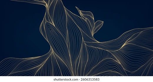 Vector abstract organic gold line shape, elegant wave art, luxury art deco flow texture, japanese illustration, leaves, floral ornament. Sea, ocean pattern