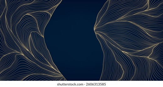 Vector abstract organic gold line shape, elegant wave art, luxury art deco flow texture, japanese illustration, leaves, floral ornament. Sea, ocean pattern