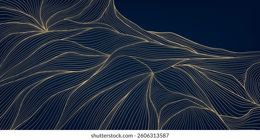 Vector abstract organic gold line shape, elegant wave art, luxury art deco flow texture, japanese illustration, leaves, floral ornament. Sea, ocean pattern