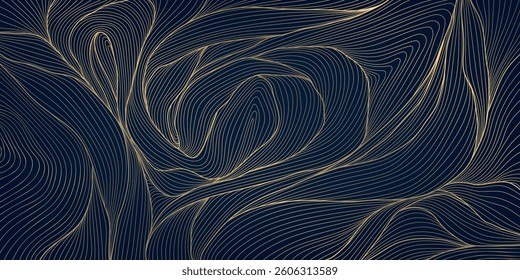 Vector abstract organic gold line shape, elegant wave art, luxury art deco flow texture, japanese illustration, leaves, floral ornament. Sea, ocean pattern