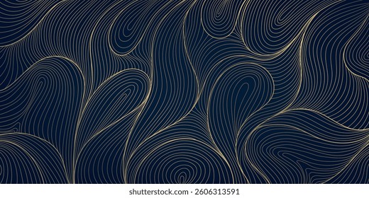Vector abstract organic gold line shape, elegant wave art, luxury art deco flow texture, japanese illustration, leaves, floral ornament. Sea, ocean pattern